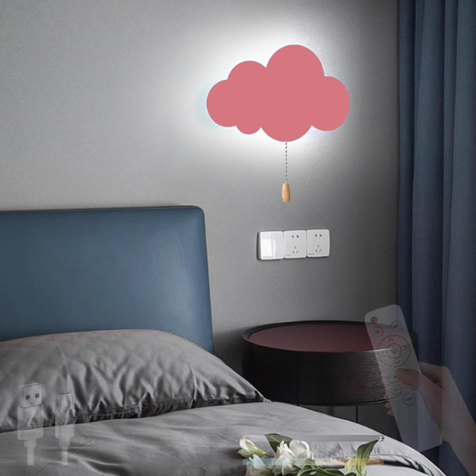 Aplique de pared nube LED rosa recargable con interruptor de cadena para salón y cuarto 8
