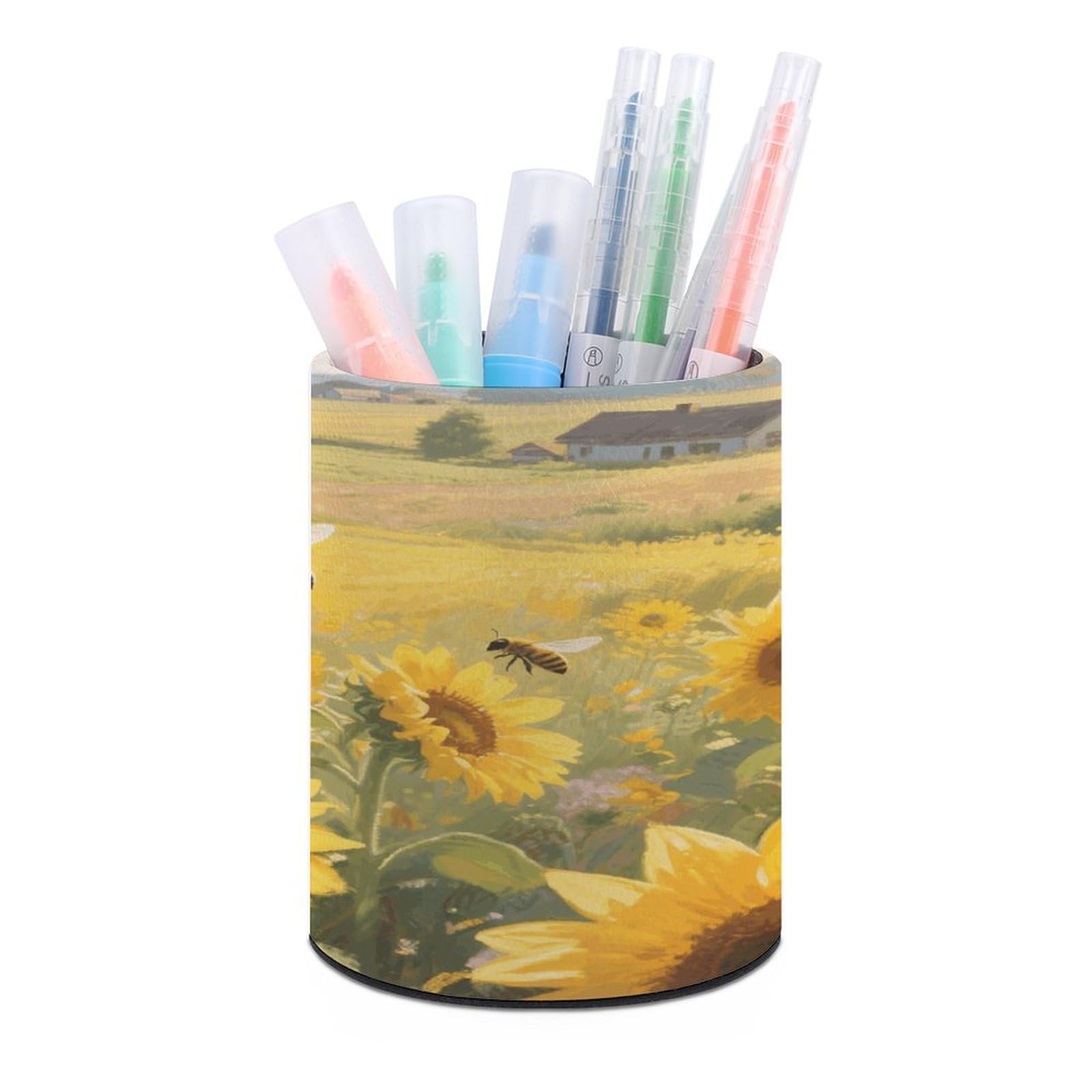 VstaDank - Sunflower Round Pen Holder Pencil Holder PU Leather Desk Organizer Brush Decoration Office Desk Home (3.1 x 3.9 inch)