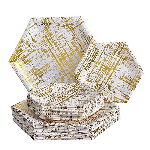 PARTY DISPOSABLE 36 PC DINNERWARE SET | 18 Dinner Plates | 18 Side Plates | Heavyweight Paper Plates | Hexagon Design | for Upscale Wedding and Dining (Arctic Collection – Gold)