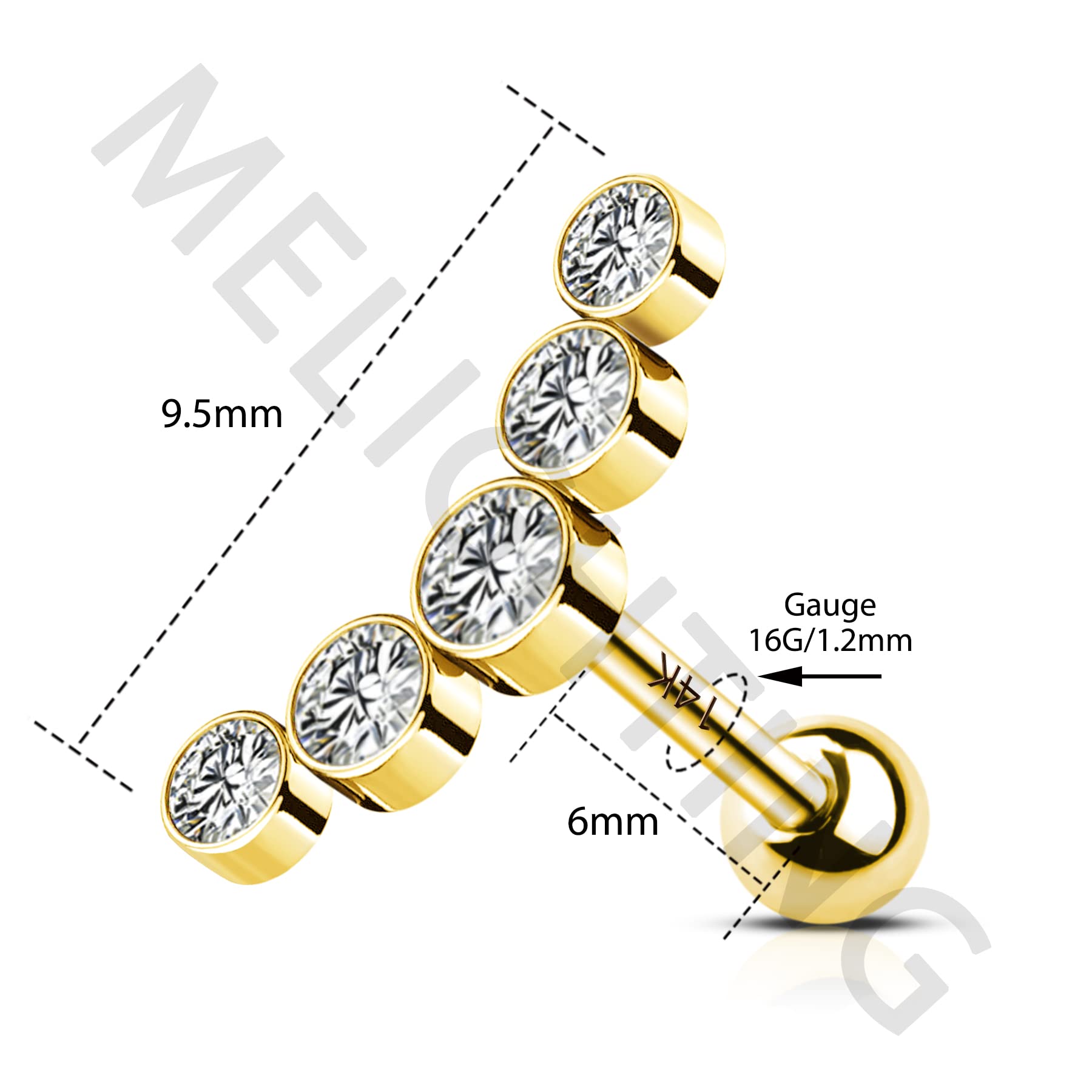 MeIighting - Piercing para cartílago de 16 G, oro macizo de 14 quilates, diseño de hélice, circonita cúbica, transparente, para cartílago, joyería