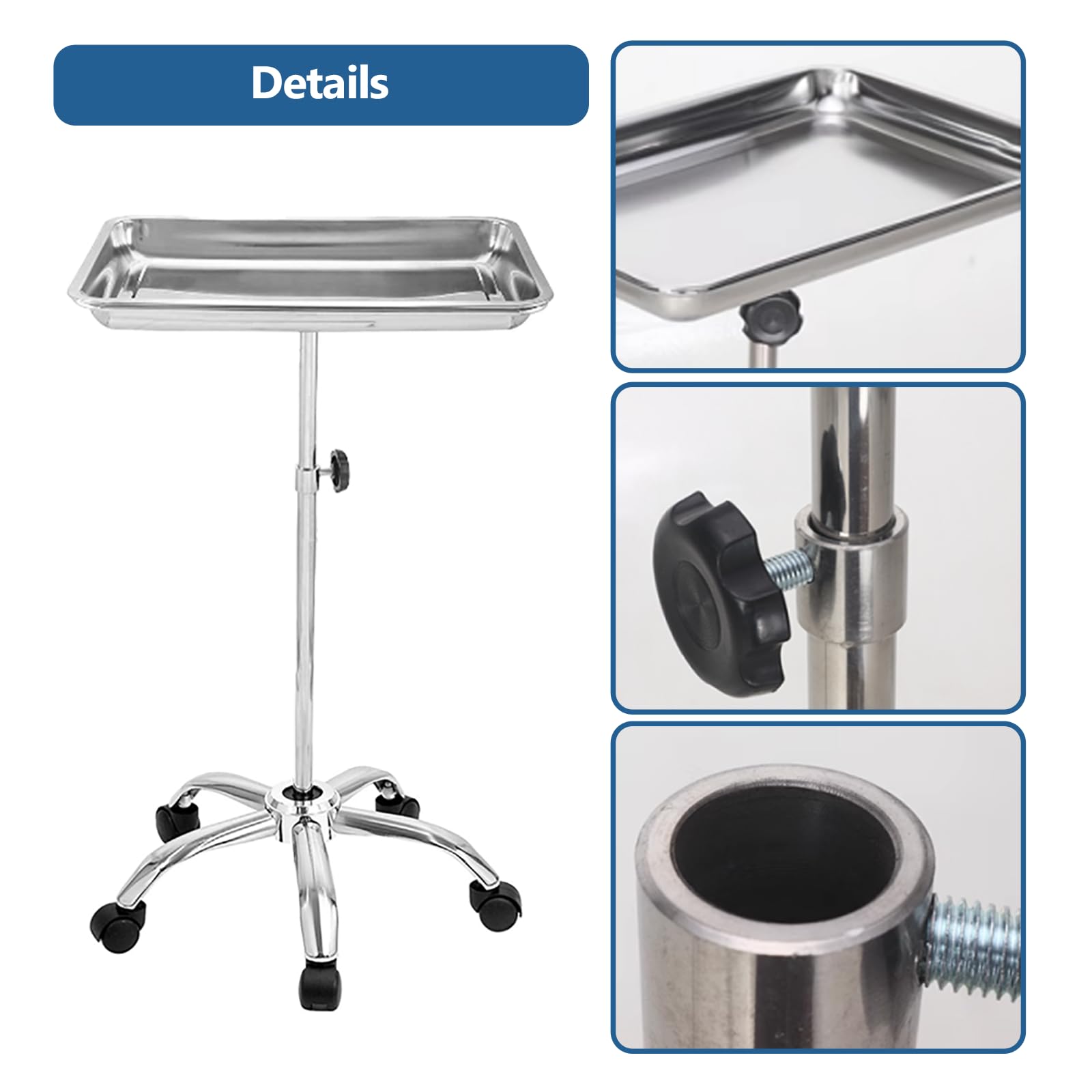 Suporte de instrumentos Mayo, Mesa rodante móvil para suministros de clínicas dentales, veterinarias y de mascotas - Altura ajustable 35 "-51" Carrito de utilidades (C)