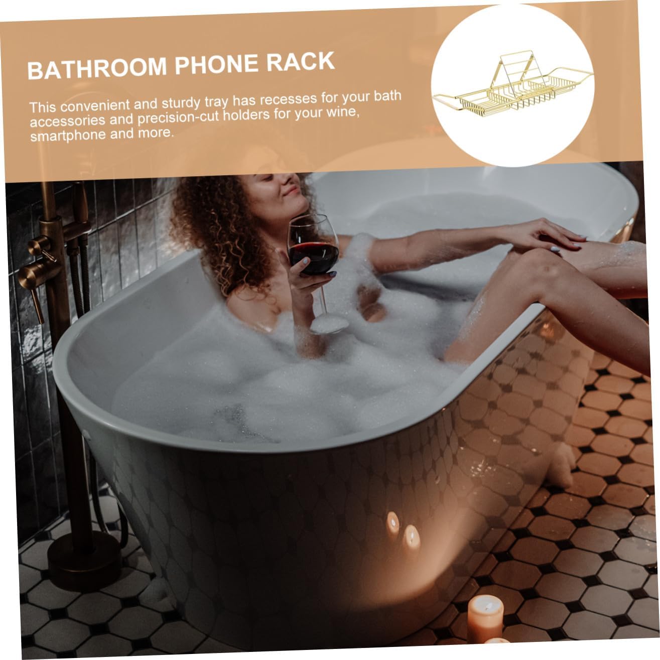 Retractable Bathtub Rack with Nonslip Shelf for Books Wine and Tablets Versatile Bath Storage Holder Elegant Gold Finish