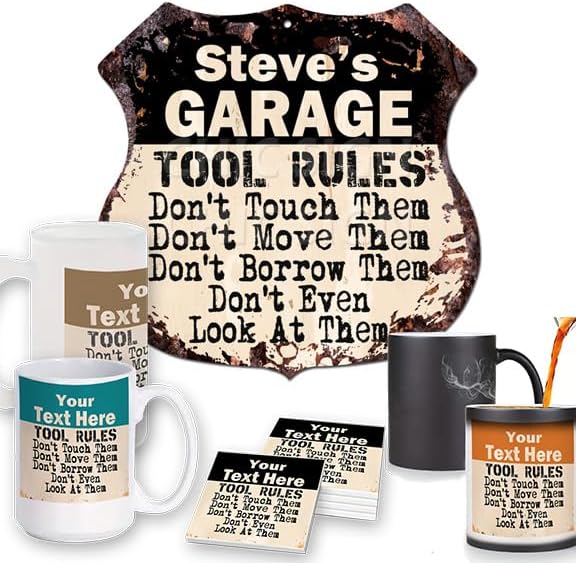 STEVE'S GARAGE TOOL RULES - Tazas personalizadas personalizadas Chic Sign estilo rústico vintage, retro, cocina, bar, pub, cafetería, tienda del