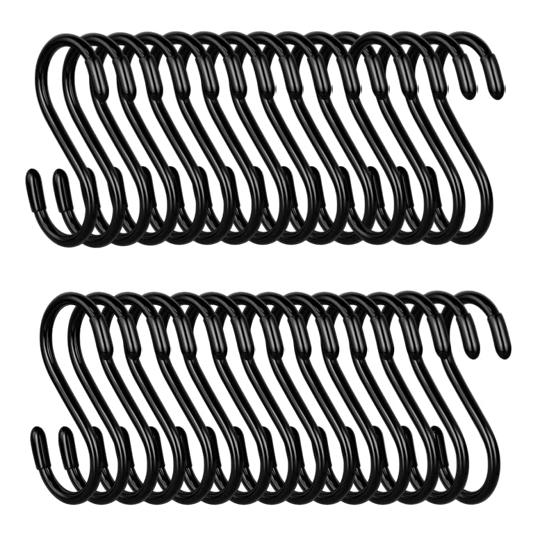 30 Pack 3 Inch Heavy Duty S Hooks, Black Rubber Coated S Hooks, Non Slip Sturdy Metal S Hook Hanger for Kitchen, Bathroom, Workshop, Office, Garden Tools, Plants, Clothes, Bags, Cups, Pans, Towels