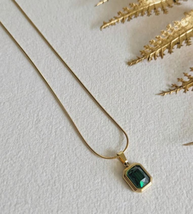 Image of Gold-Plated Teal Green Crystal Pendant Necklace for Women | Anti-Tarnish Chain for Girls | Stylish Jewellery Gift for Her