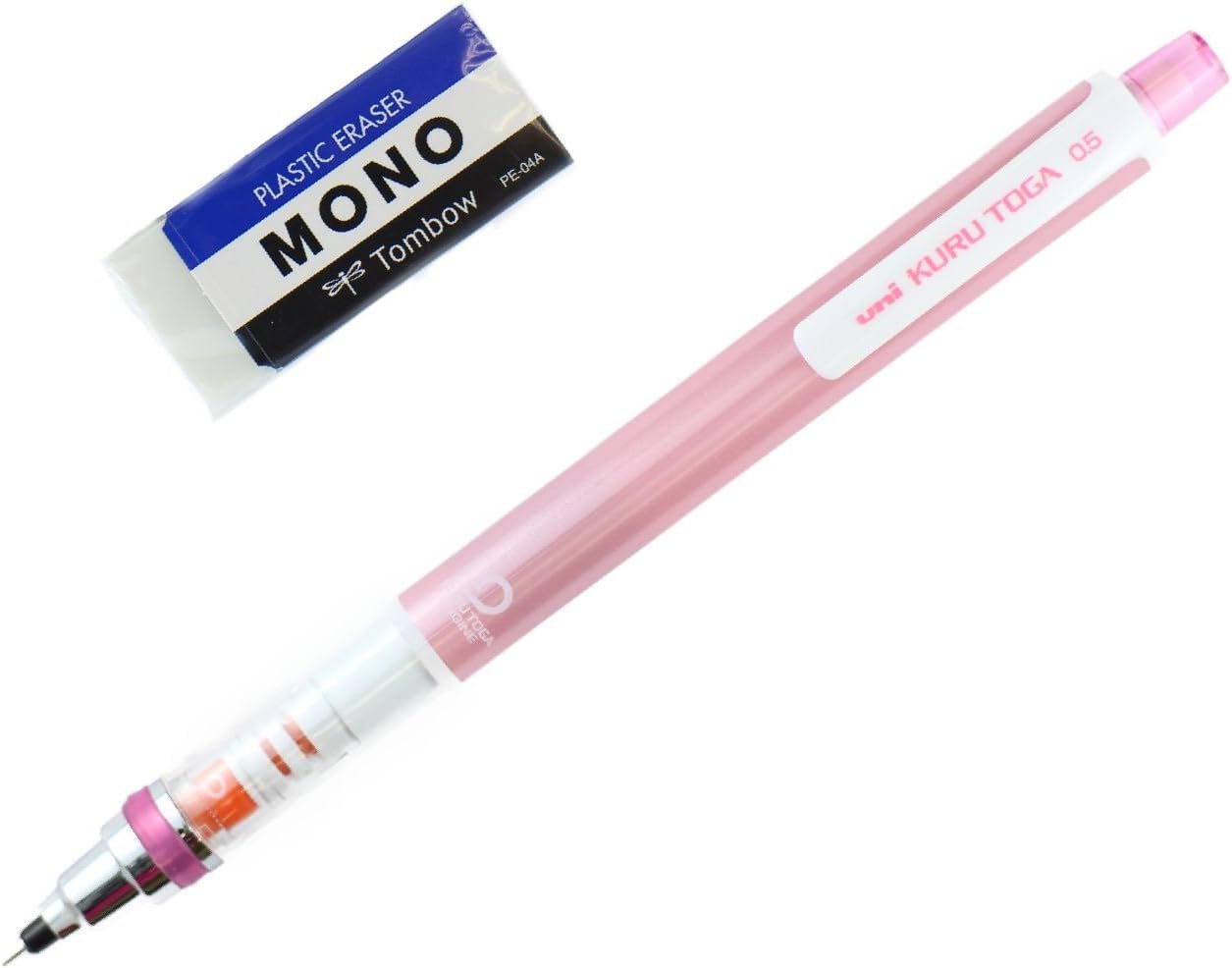 Uni Mechanical Pencil, Kuru Toga 0.5mm BABY PINK(M5-450.1P.68)& MONO ERASER(PE-04A) with MIYABI stationery store original gift package(M5-450.1P.68/PE-04A)