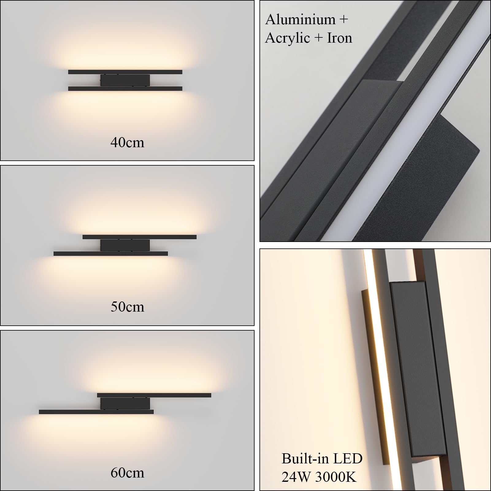 Klighten Wandleuchte Innen LED 24W 1700LM, Mordern Dekorative Wandlampe Für Schlafzimmer Wohnzimmer Korridor Treppenhaus, Einstellbare Länge: 40~60 cm, Warmweiß 3000K, Schwarz