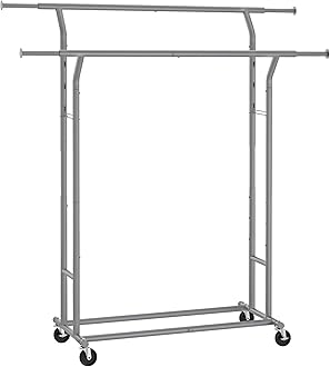 Clothes Rail, Double Clothes Rack on Wheels, Extendable Garment Rack, Heavy-Duty Metal Frame, 110 kg Total Max. Load, 129-169 cm Wide, Dove Grey HSR012G01