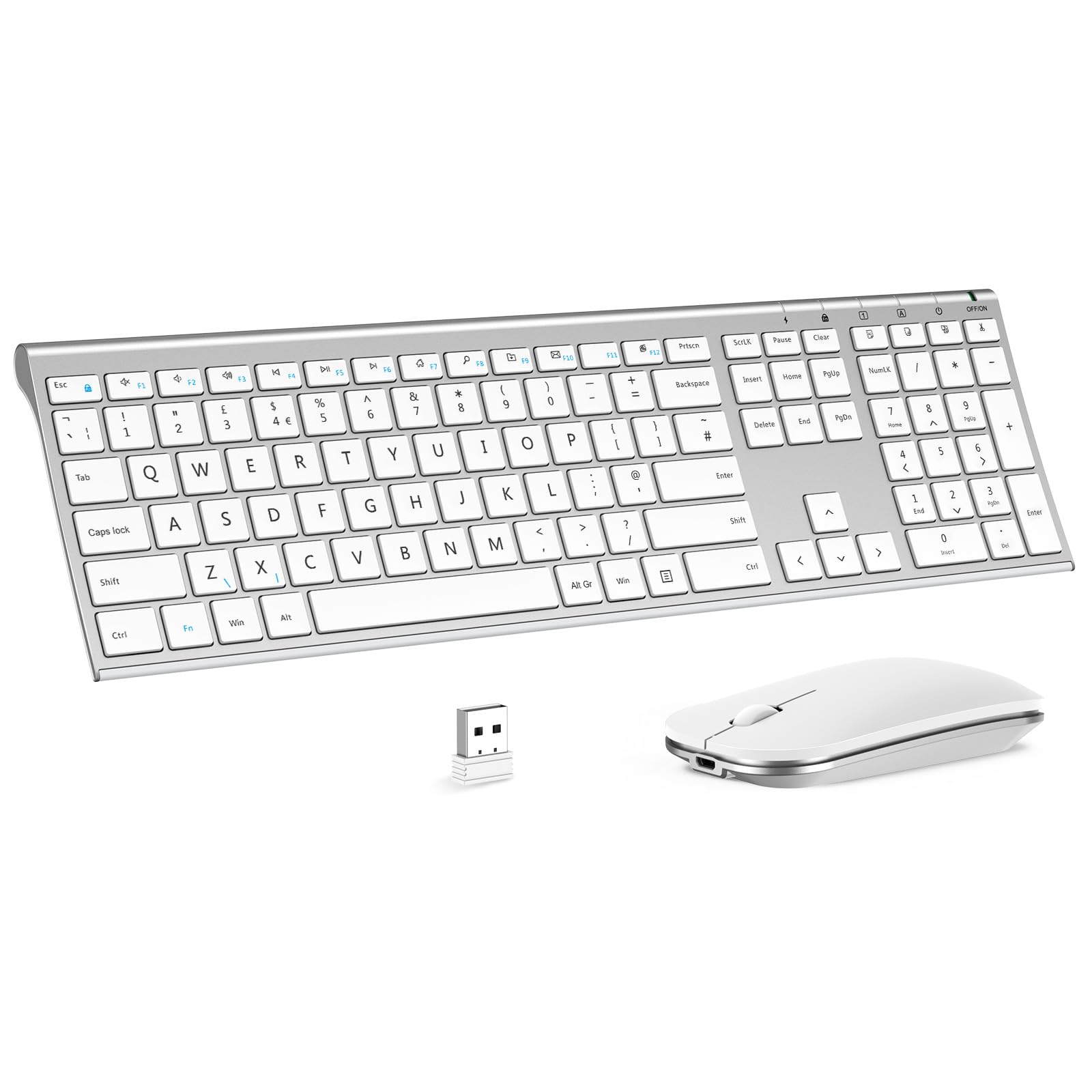 Rechargeable Wireless Keyboard and Mouse Set, seenda Ultra Slim Silent USB keyboard Mouse, Full Size Keyboard with Number Pad QWERTY UK Layout for Windows PC Laptop Desktop Computer, Silver White