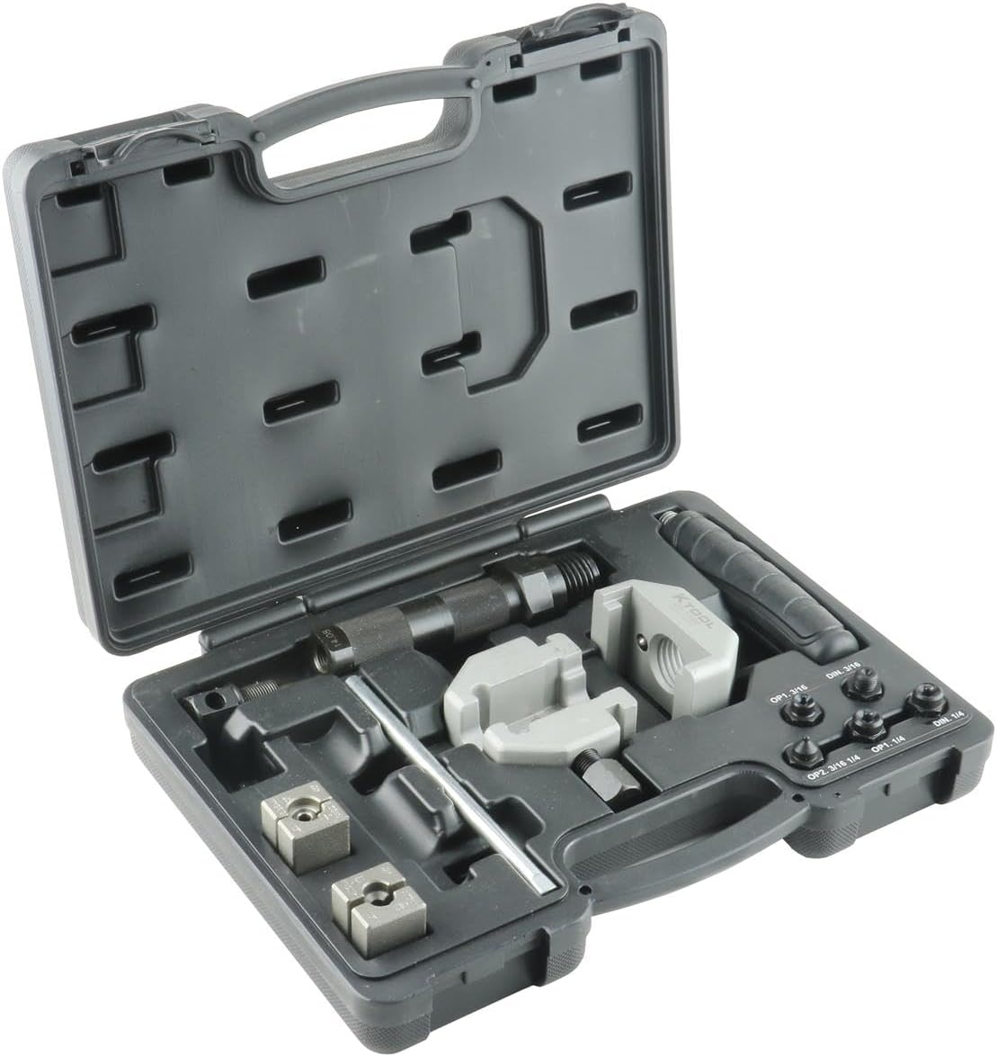 K Tool International 70082 Hydraulic Brake Flaring Tool Kit for Garages, Repair Shops and DIY, 45 Degree Double, Single, Bubble Flares, Used on Stainless, Steel, Soft Metal Tubing, Molded Case