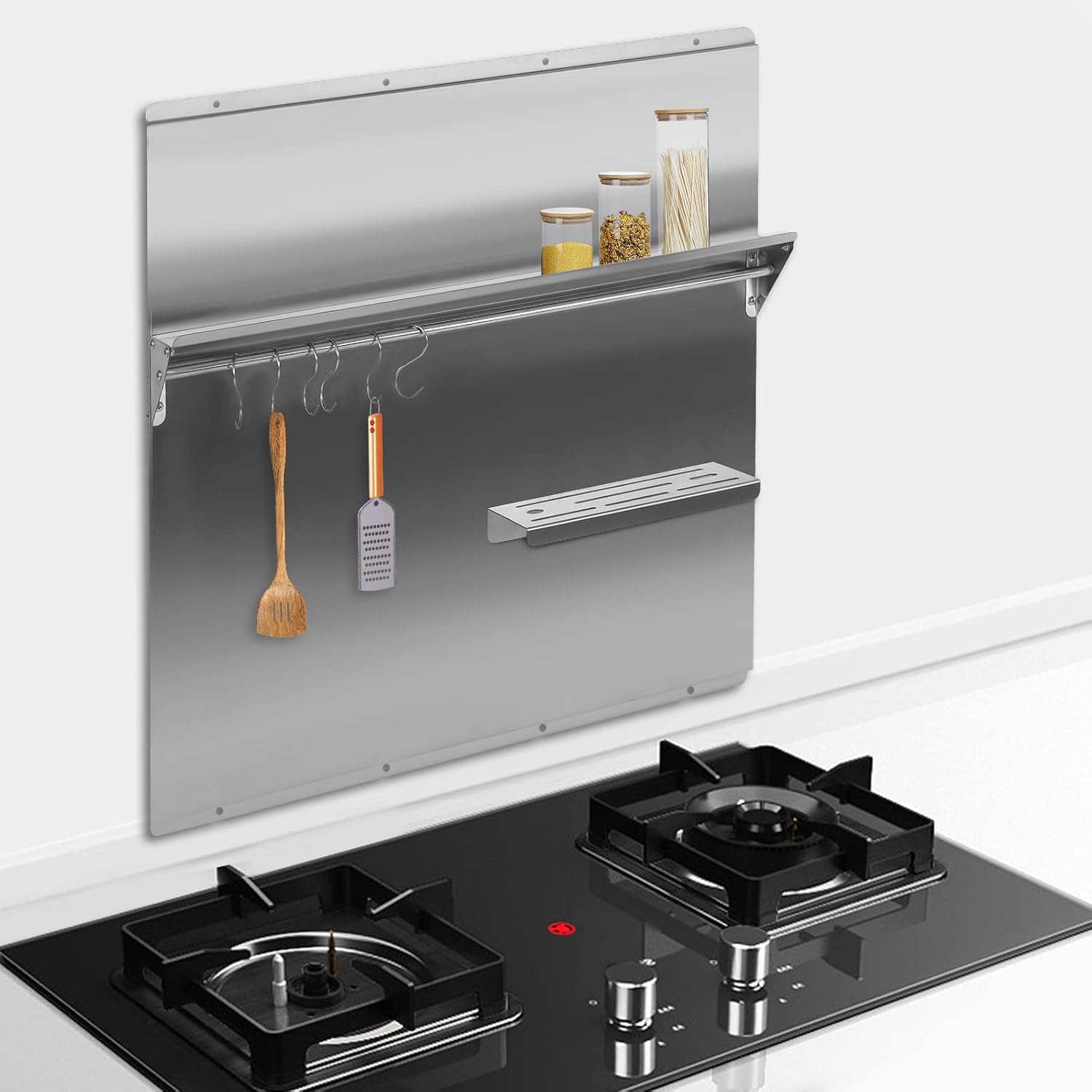 Range Backsplash With Shelf, Range Hood Wall Shield, Stainless Steel Backsplash Silver Splash Plate For Range Hood Stainless Backsplash With Built-In Storage Shelf And Hanging Rack (30 X 30.7 Inch)