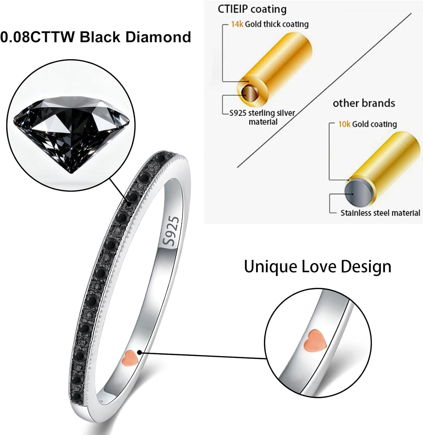 Real Diamond Bands Ring 10k Gold 925 Sterling Silver Stackable Engagement Rings for Her,Wedding Promise Ring for Women Jewelry Gift for Her (G-H Color, I2-I3 Clarity)