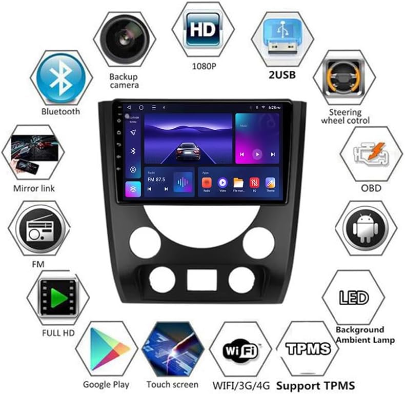 Rear view of the car radio unit showing various cable connections, including RCA, USB, and GPS antenna.