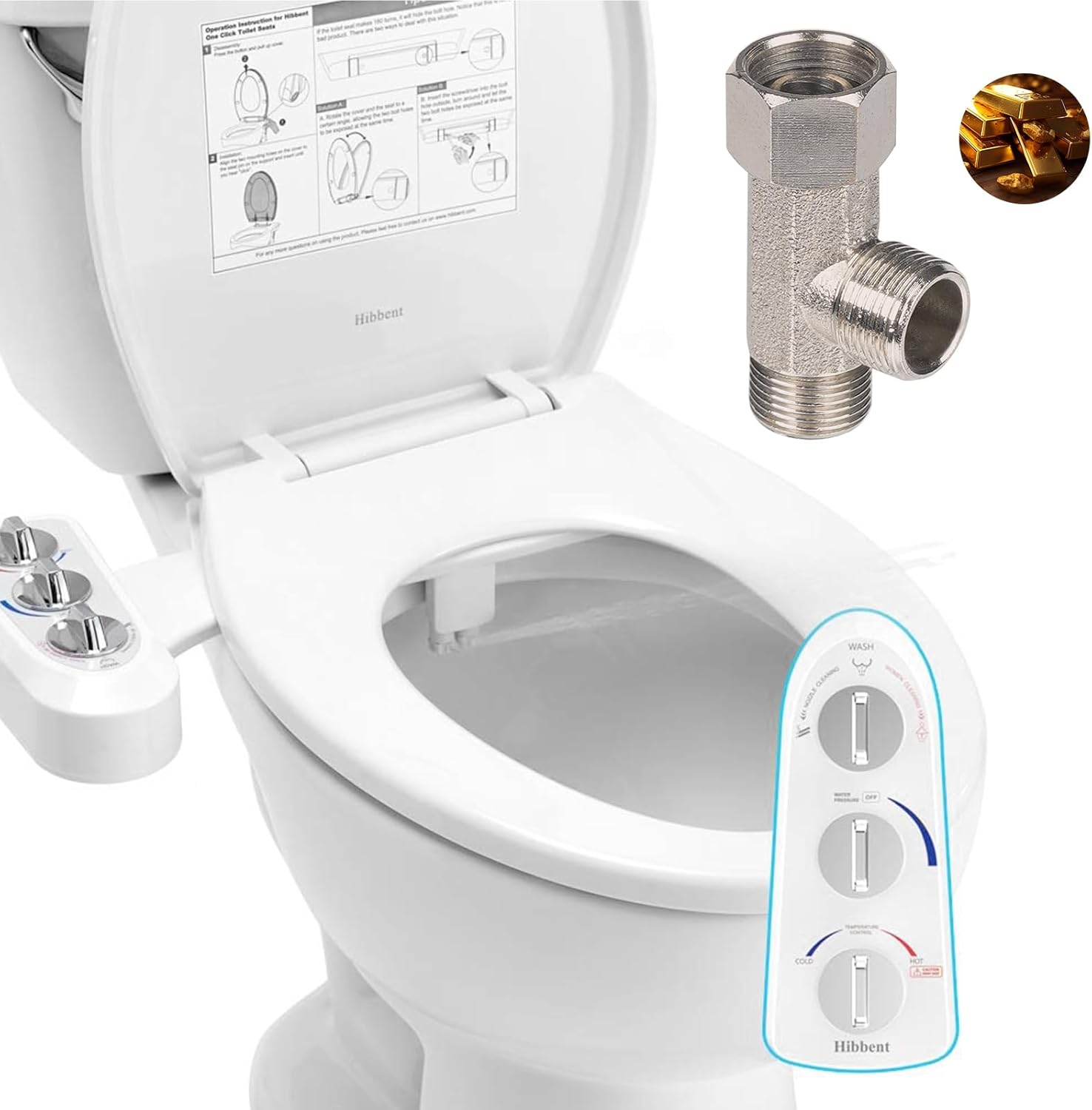 Hibbent Toilet Seat Bidet with Self Cleaning Dual Nozzle, Hot and Cold Water Spray Non-Electric Mechanical Bidet Toilet Attachment with Bidet T Adapter