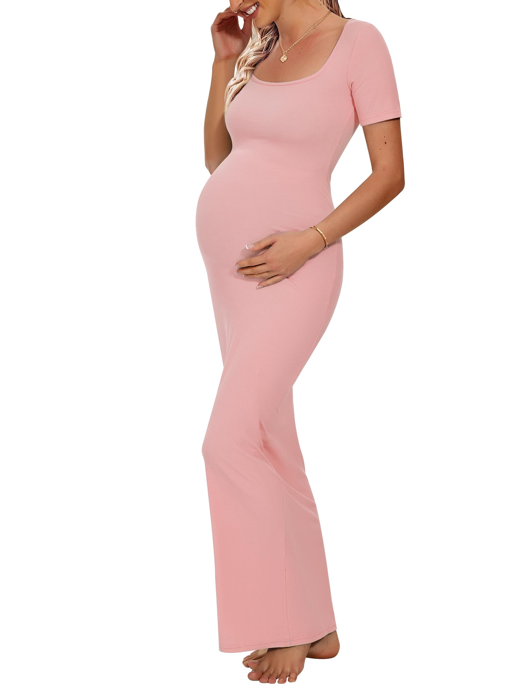 Peauty Maternity Square Neck Bodycon Dress Ribbed Maxi Maternity Dress Photoshoot Short Sleeve Baby Shower Dress, Pink, M
