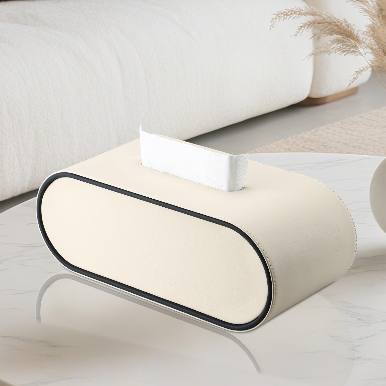 Tissue Box Cover,Beige Oval Leather Tissue Box Holders with Black Edging Accents,Decorative Tissue Covers for Bathroom Toilet Bedroom Living Room Table Desk Office Car image 3