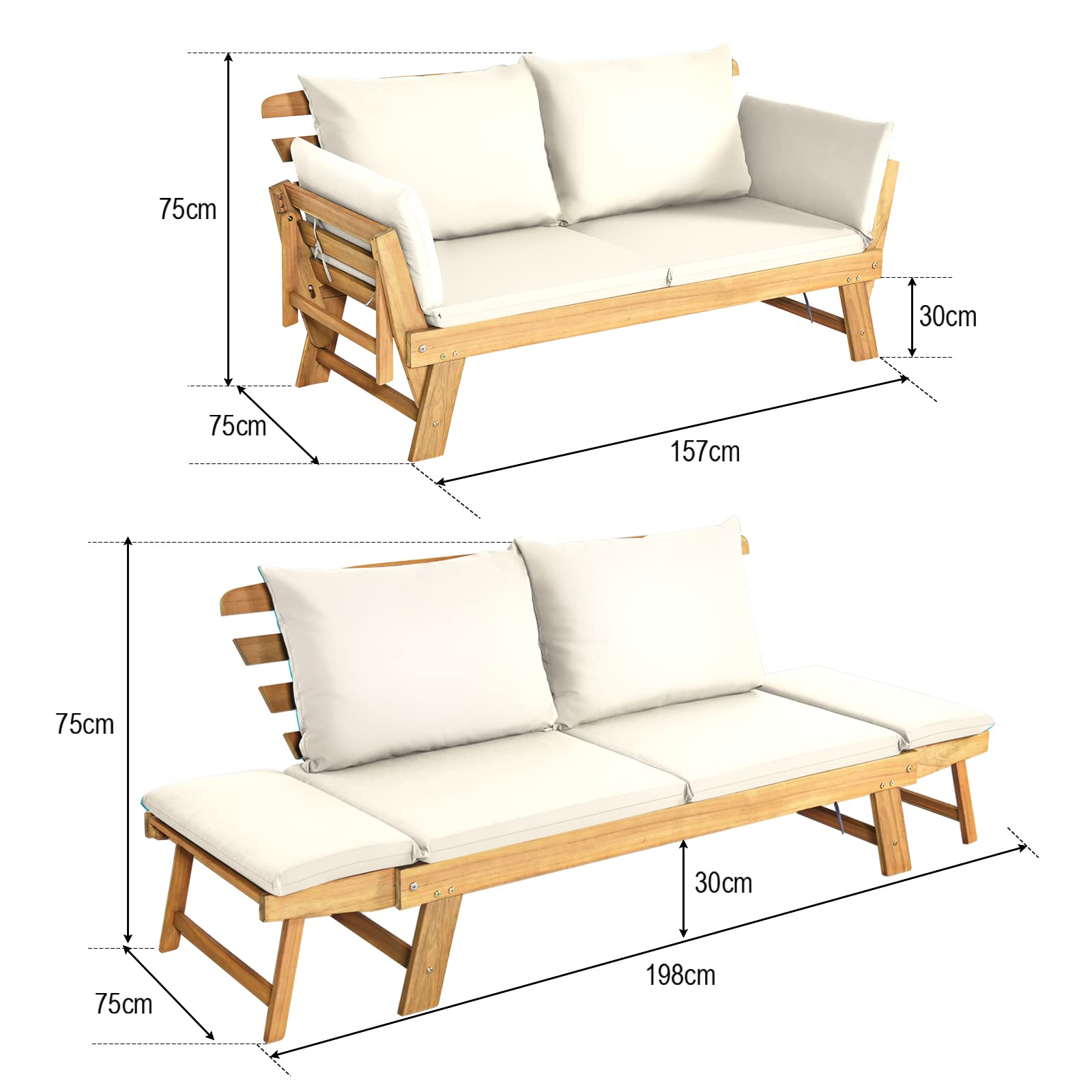 GIANTEX Divano Esterno da Giardino 2 Posti con Cuscino，Set da Giardino in Legno Certificato FSC®，Sdraio da Giardino Pieghevole da 2 Persone,153/194 x 72 x 76 cm，Beige/Grigio