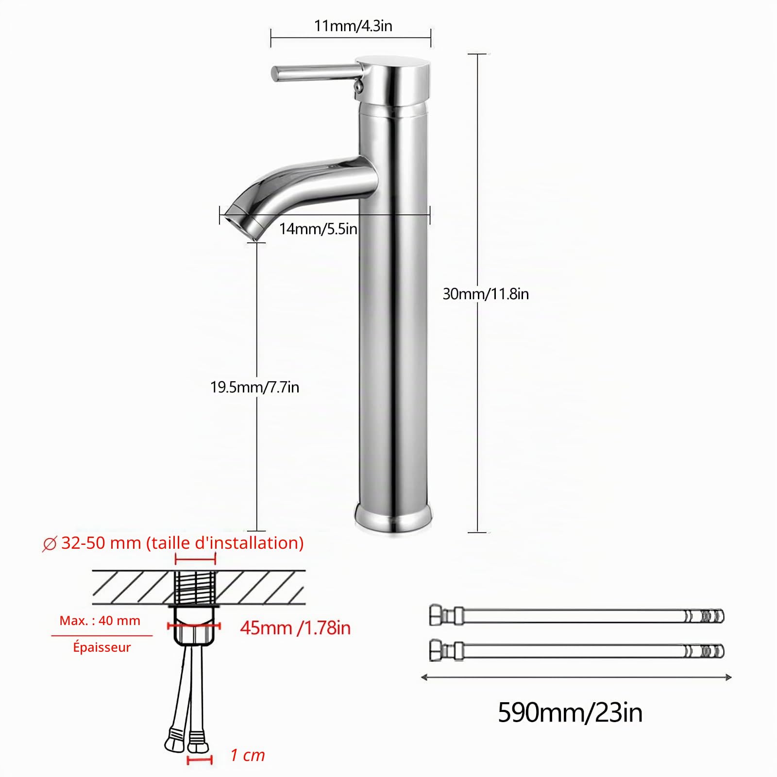 Robinet avec Haut Robinet pour Lavabo ou Vasque de Salle Bain, Chaude et Froide Réglable de Mitigeur Lavabo, Laiton Chromé(Garantie à vie) (Gris argenté)