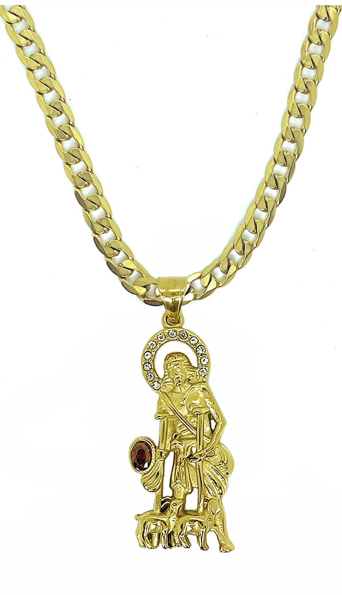 14kt GP Saint Lazarus Pendant With 24" Necklace Gold Stainless Steel - San Lazaro Dije Con Cadena De 24 Pulgadas Oro Acero Quirurgico