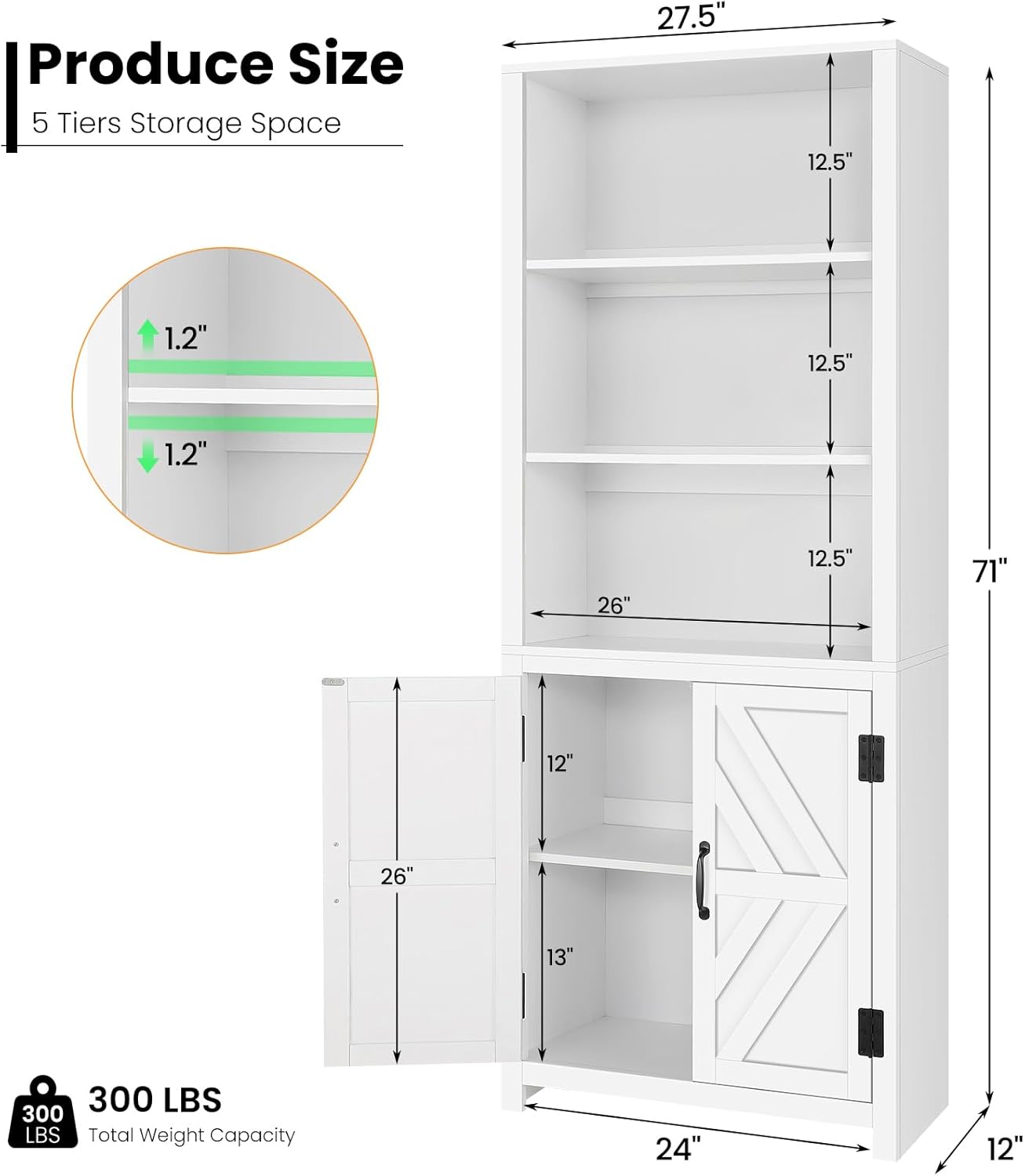 SEJOV Bookshelf 5 Tier Tall Bookcase with Doors Storage and 3-Tier Open Shelves Wood Farmhouse Bookshelves Cabinet Organizer for Living Room, Study, Kitchen, Home Office, White