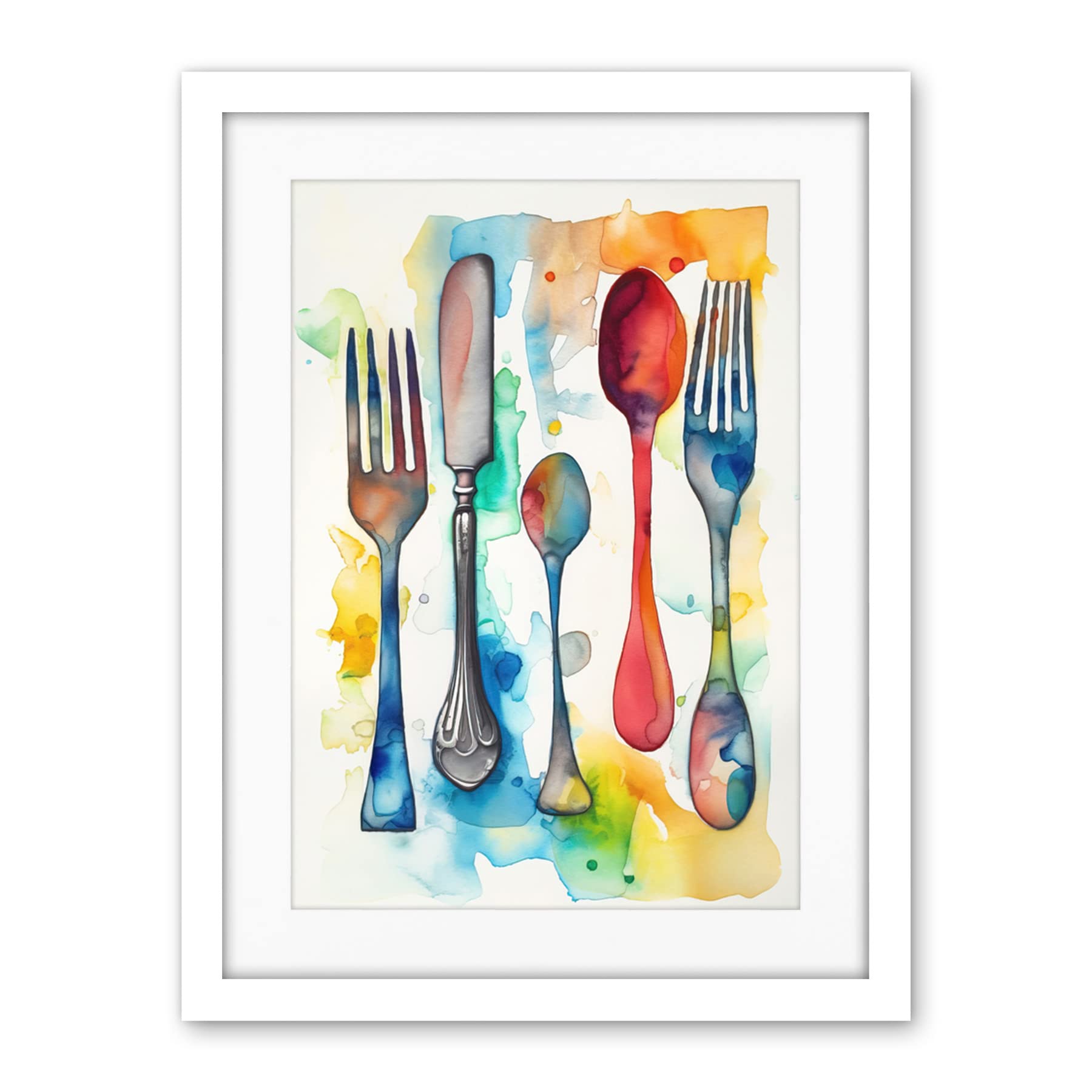 Artery8 Cutlery Forks Spoons And Knife Watercolour Painting Artwork Framed Wall Art Print 18X24 Inch