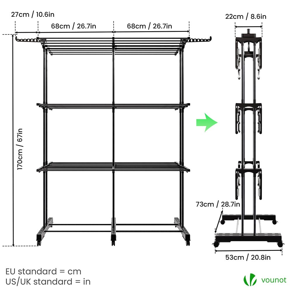 VOUNOT® Wäscheständer Turm Ausziehbar, Platzsparender Turmwäscheständer für Innen & Außen, mit Faltbaren Flügeln, Teleskopstange und 6 Rollen, 40m Trockenlänge, 3 Ebenen, Schwarz