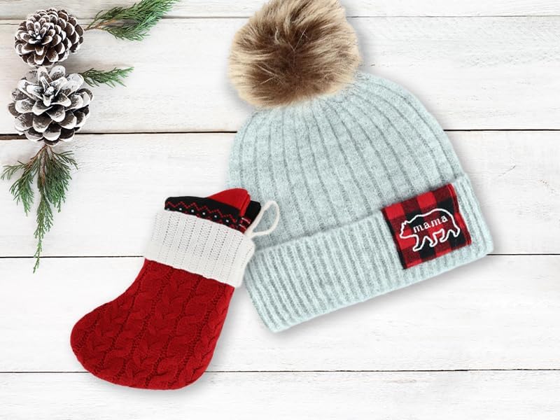 David & Young Women's Mama Bear Beanie Hat with Plaid Patch and Pom - Image 2