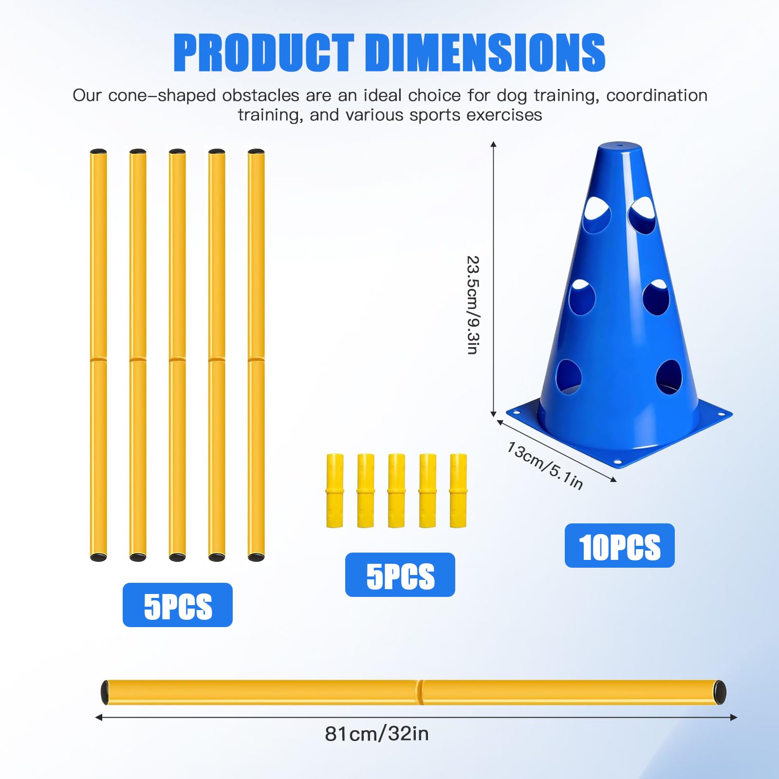 Set Ostacoli Steccati 10 Coni + 5 Aste – Agility Hurdles Regolabili in Altezza per Sport Canino e Allenamento Calcio – Set Multiuso per Cani, Bambini e Cavalli – Altezza 23 cm, Lunghezza 80 cm