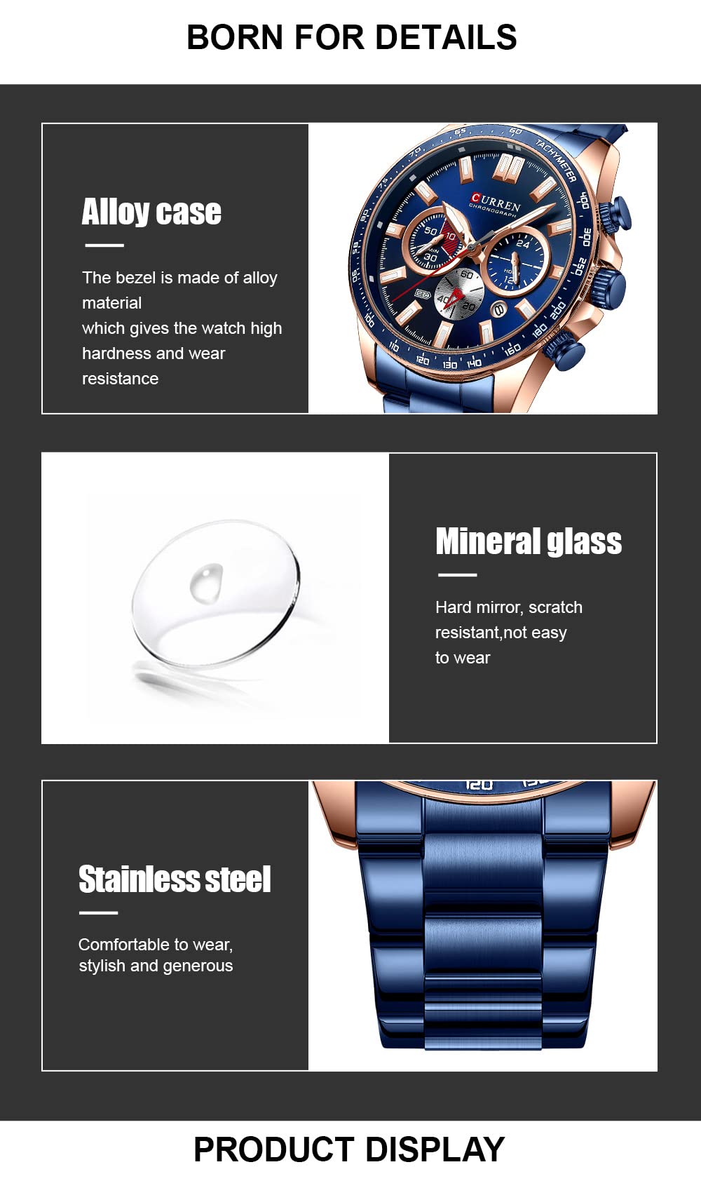 Orologio per gli Uomini Cronografo In Acciaio Inox Classico Modo Analogico Al Quarzo Grande Quadrante Casual Luminoso Orologi, Blu, L