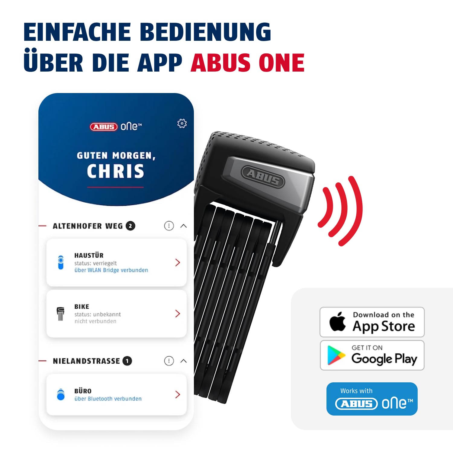 ABUS Faltschloss BORDO One™ 6500A - Smartes Fahrradschloss mit Alarm - schlüsselloses Öffnen per Smartphone und Smartwatch - inkl. Fernbedienung und Halter
