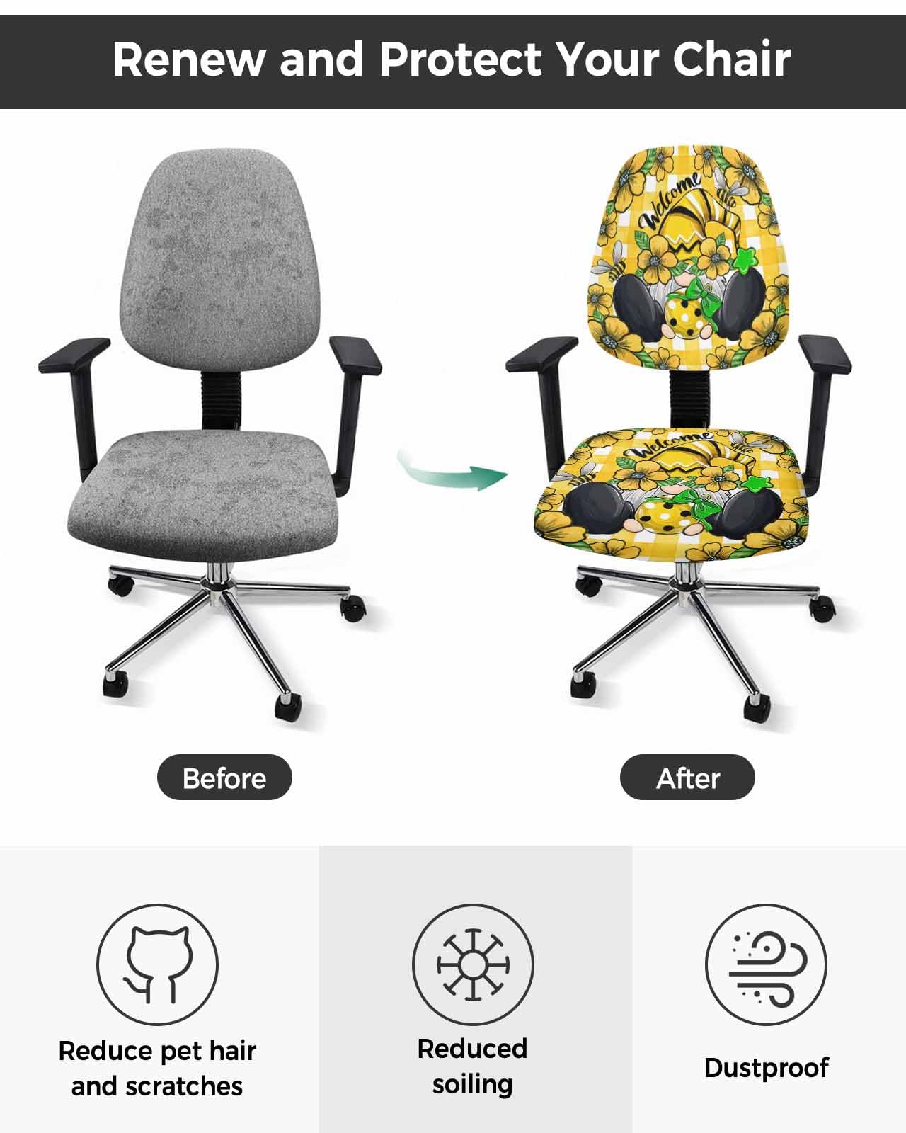 Flower Gnomes 2 Pieces Computer Office Chair Covers Set,Stretchable Desk Rotating Chair Seat Cushion Slipcover Back Covers,Yellow Botanical Floral Plaid Star Bee Slipcover Back Cover,Protectors Cover