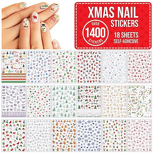Christmas Nail Stickers Over 1400 for Children Kids Adults - 18 Sheets Self Adhesive Xmas Nail Art Decal Decoration Accessories - Gold Silver Foil Snowflake Reindeer Santa
