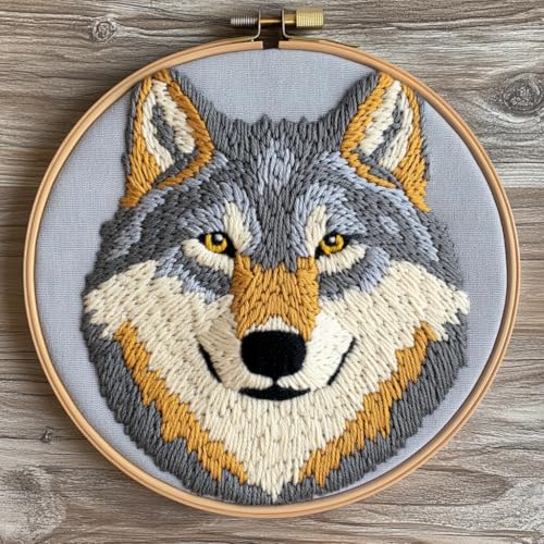 Image of DIY Punch Needle Kits Cartoon Grey Wolf Head with Hoop 20x20cm-4