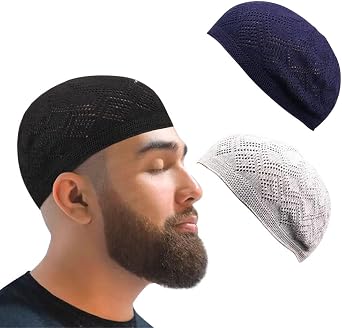 3Pcs Knitting Turkish Muslim Kufi Hats for Men Solid Color Stretch Crochet Caps Islamic Skull Caps Ramadan Eid GiftsBlack Gray Blue