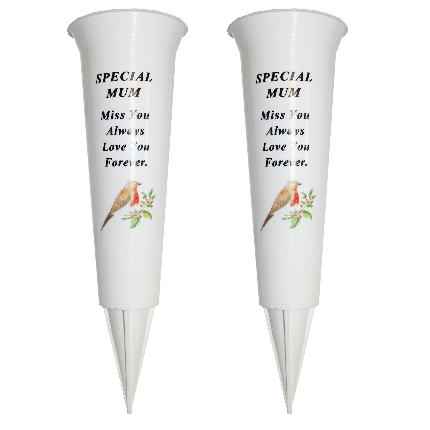 Widdle Gifts Special Mum Set Of 2 Memorial Grave Flower Pot - 33Cm Tall Sturdy White Memorial Graveside Flower Vase With Spike And Robin Image (Special Mum)