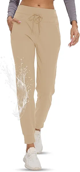 GAYHAY Women's Fleece Lined Joggers Water Resistant - Thermal Waterproof Zip Pockets Hiking Winter Golf Pants Running Ski 6#light Khaki Large
