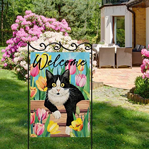 Cmegke Spring Cat Tulip House Flag, Spring Cat House Flag, Easter Flag Spring Summer Vertical Double Sided Burlap Welcome Black Cat Floral Holiday Party Rustic Farmhouse Yard Home Outdoor Decoration 28 X 40 Inch (Large) #TOP2