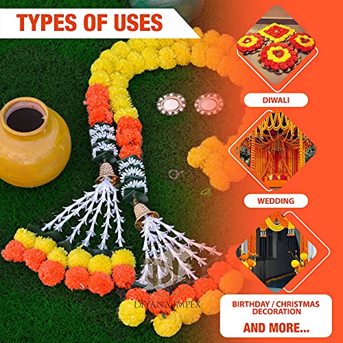 Diyana Impex Marigold Garland For Decoration 5 Feet Long Artificial Marigold Flowers 2 Pc, Christmas Decorations Indian Décor For Pooja, Wedding, Events, Diwali, Halloween Decor With 2 Diyas #TOP2