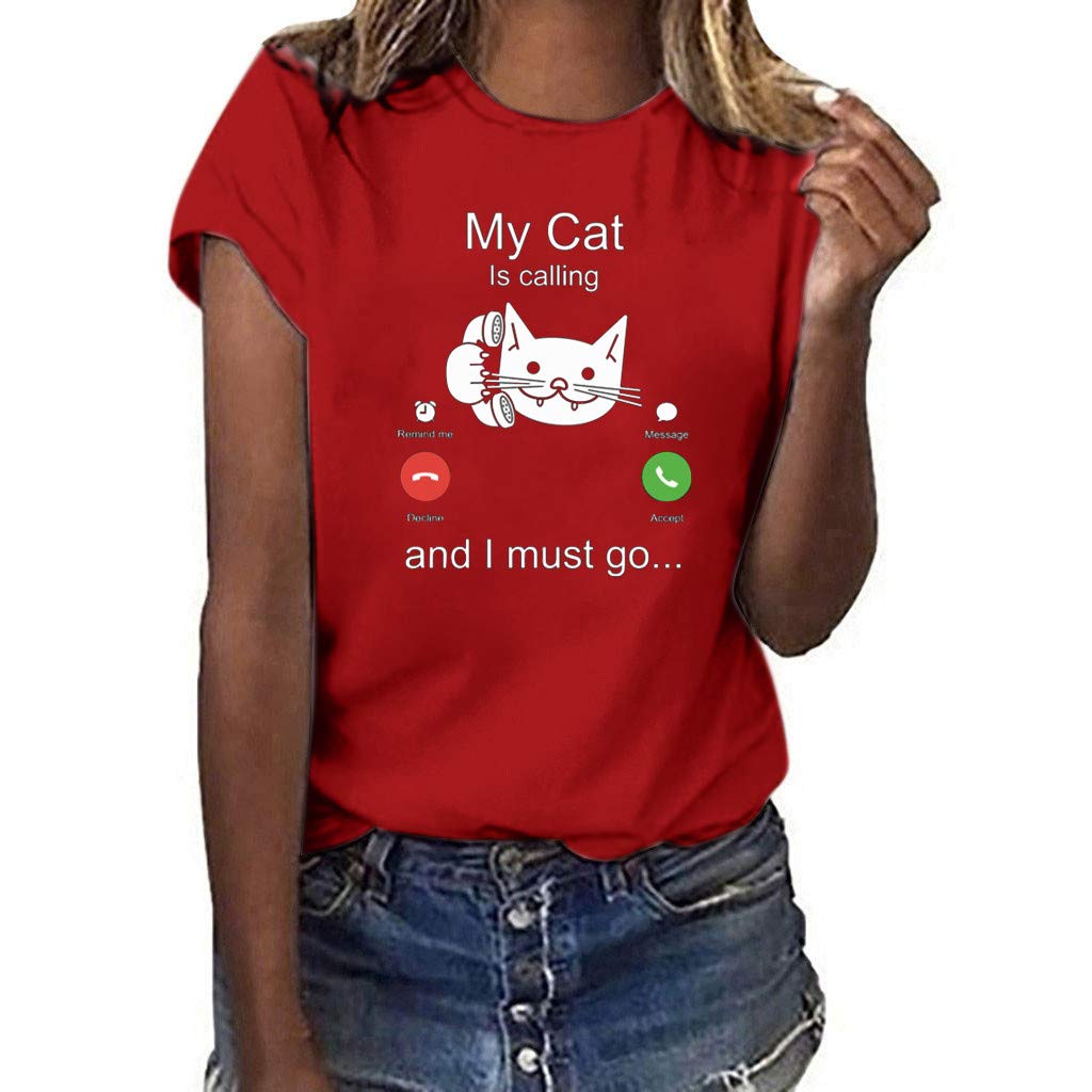 Cat Blouse Womens Fashion Printed Summer Short Sleeve Top Cute Tops Organic Cotton T Shirt Hi vis T Shirts Ladies