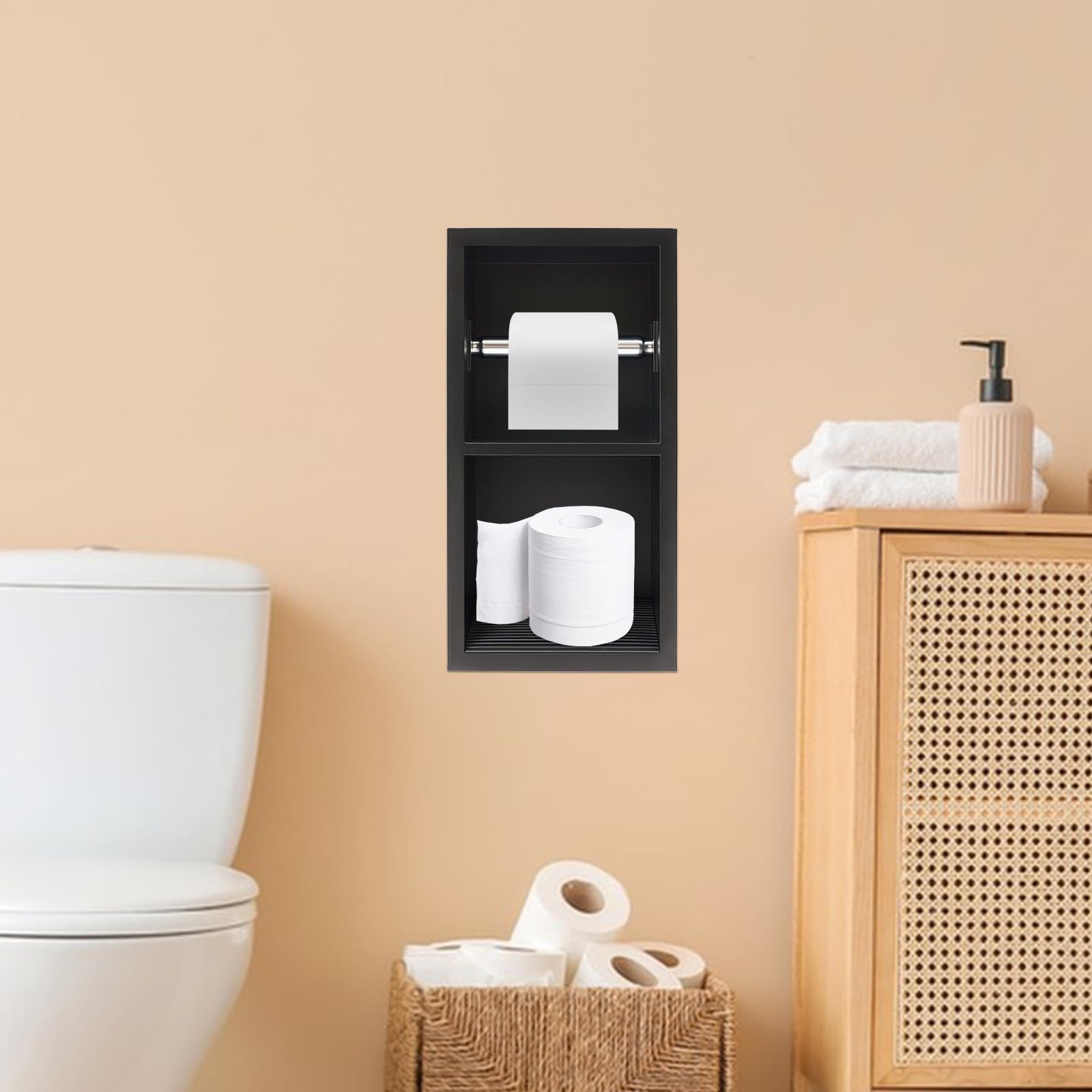 Nisza ścienna z uchwytem na papier toaletowy i podnóżkiem 18 x 10 x 34 cm | Podtynkowy jednokomorowy z 2 poziomami wnęk prysznicowy do łazienki i toalety