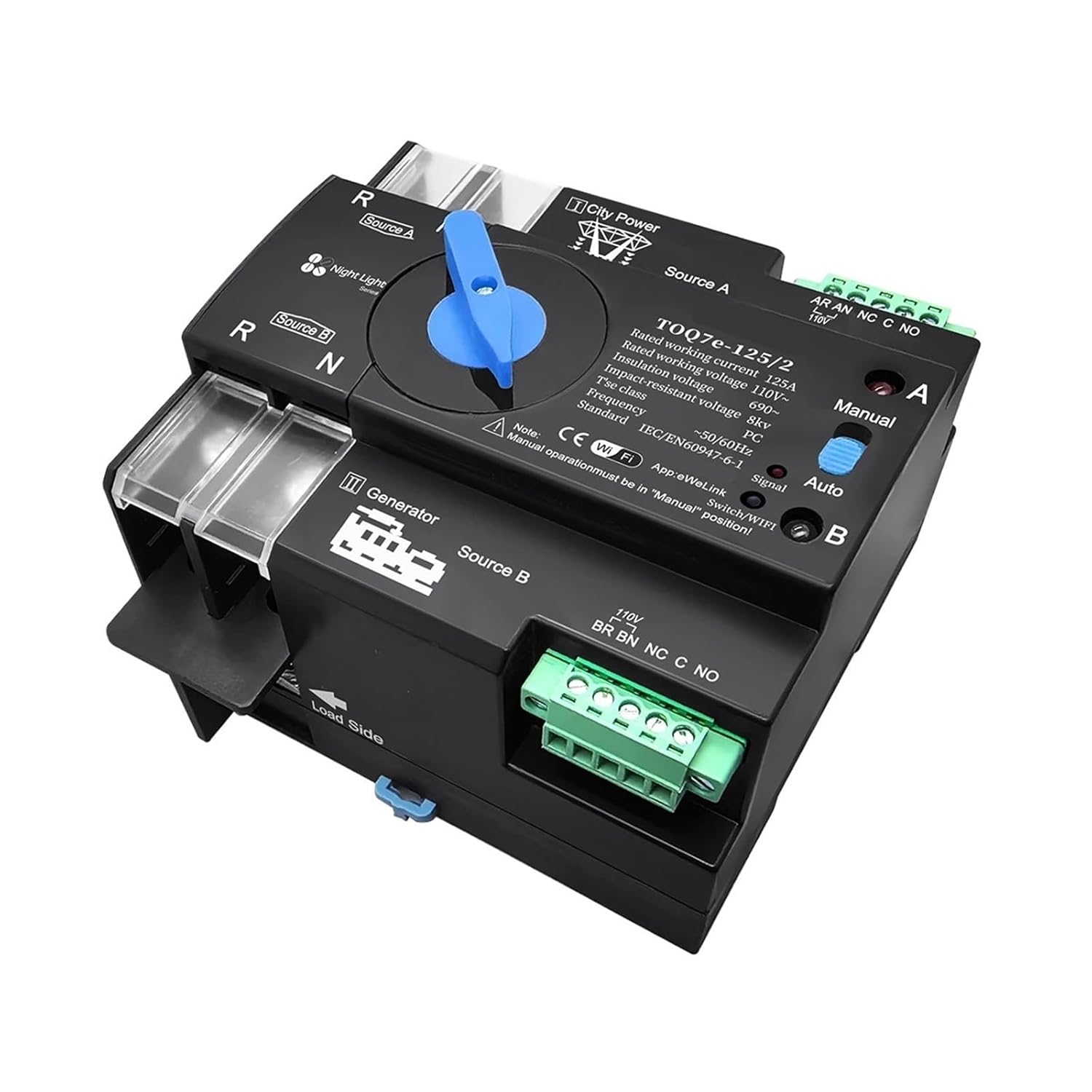 Angled view of the DWDBHXDX Dual Power Automatic Transfer Switch, highlighting the input terminals, the manual/auto selector, and the output terminals.