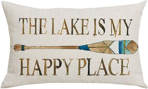 Miniatura 1 de Funda de almohada decorativa de lino y algodón con frase "The Lake is My Happy Place", rectangular, 12 x 20 pulgadas