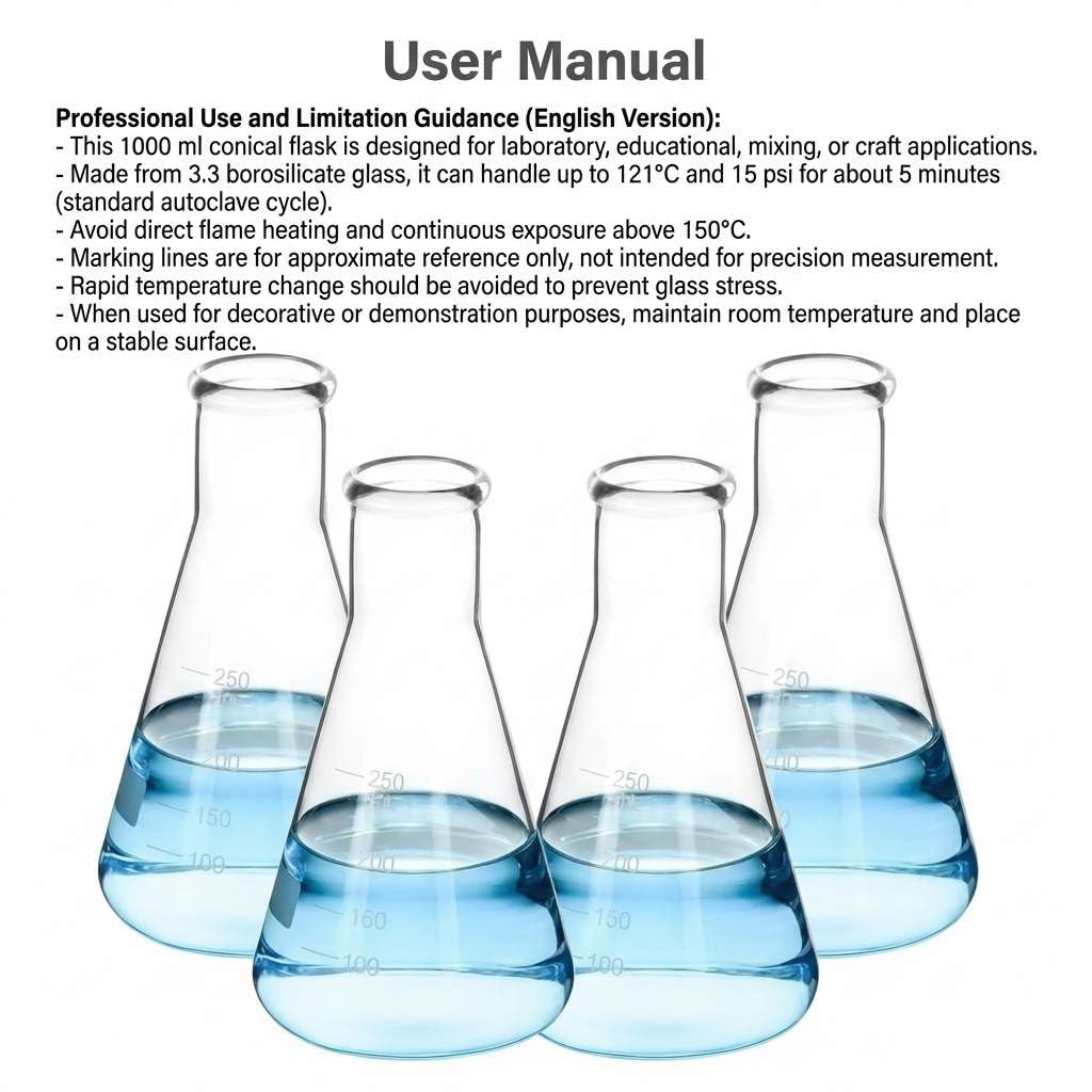 QWORK Erlenmeyer - Set di 2 fiaschette coniche in vetro borosilicato da 1000 ml, con bocca stretta, scala stampata, per laboratorio, aula, cucina, artigianato, casa