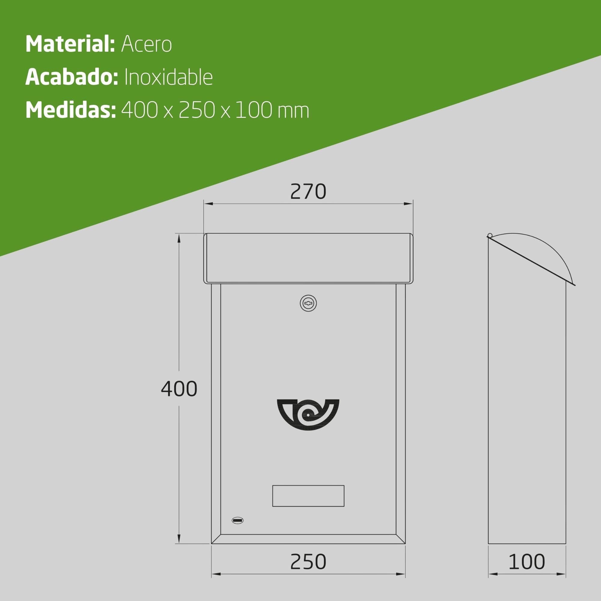 Amig - Buzón Exterior de Pared - Tamaño Compacto para DIN A4 - Apertura Frontal con Cerradura - Acero Inoxidable - Resistente a la corrosión - Fácil de Instalar en Puertas o Verjas - 40 x 24 x 8 cm