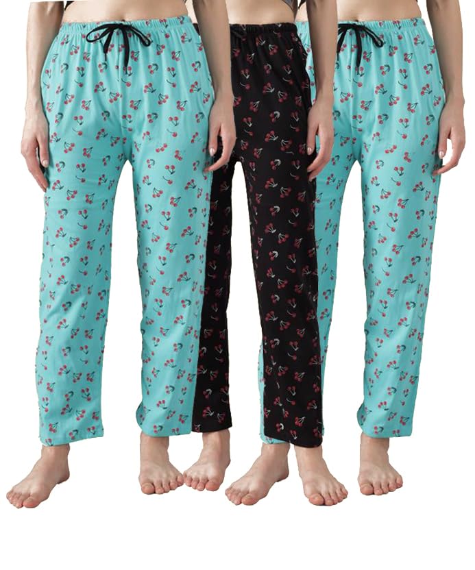 Image of Women's Cotton Pyjama, Drawstring Waist with Pockets, Soft Comfortable Sleepwear - (Pack of 3)