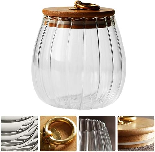Miniatura 6 de ABOOFAN Recipiente de vidrio para almacenamiento de alimentos con tapa de madera, en forma de calabaza, té de miel, leche en polvo, granos de café,