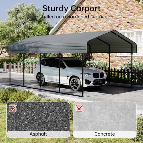 Image of 12x20FT Metal Carport, Heavy Duty Horizontal Roof Canopy with Reinforced Frame and Base for All Seasons, Outdoor Garage Carport for Tractors, Pickup Trucks or Party, Farm Equipment, Gray