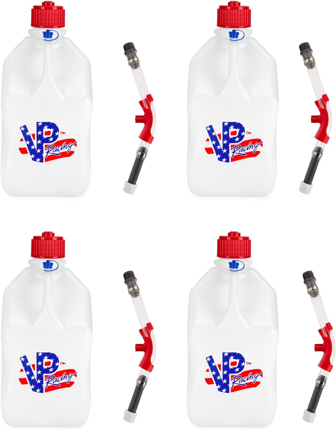 VP Racing 35221-CA, SQUARE Motorsport Jug 5.5 GALLON -Patriotic, With Deluxe Filter Hose, and Hose Bender - (4 Pack)