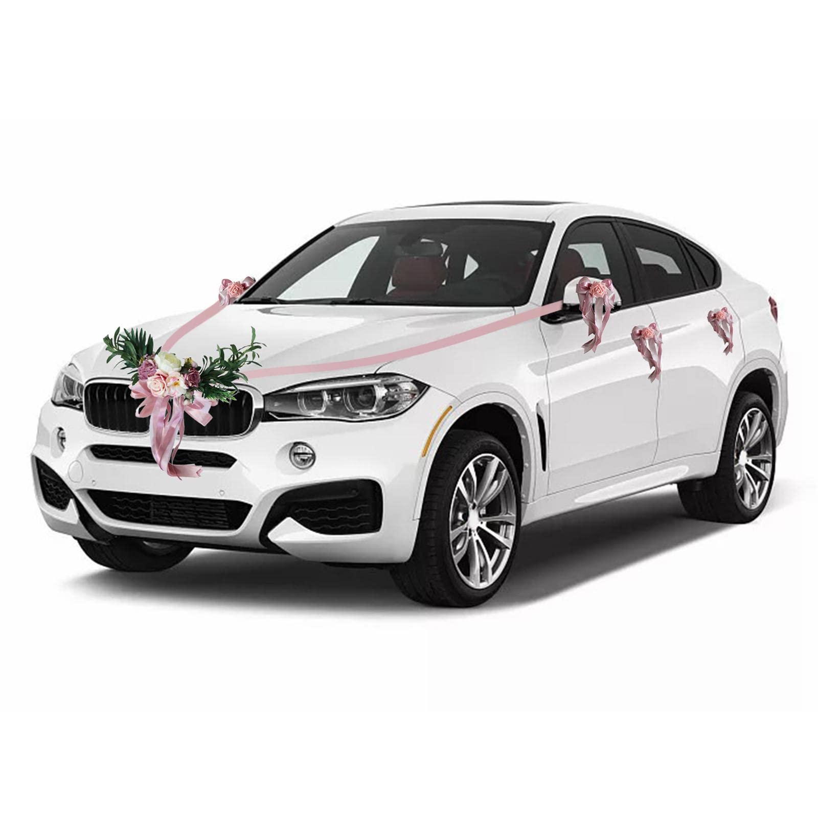 9 Stück Hochzeit Auto Dekorationen Set aus Künstlichen Blumen Schleifen Polyesterband Und Blumenteller für Festliche Autodekoration für
