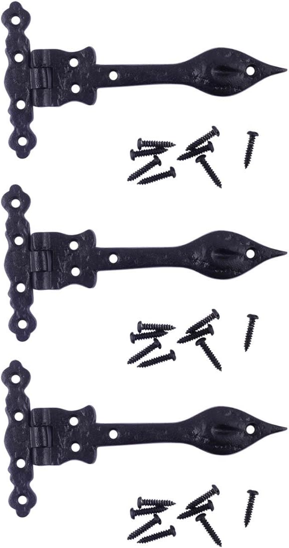 Renovators Supply Manufacturing Black Wrought Iron Door Strap Hinge 6 Long Antique Colonial Spear Tip Rust Resistant Flush Mount Door Hinges for Cabinet, Barn or Shed Doors with Hardware Pack of 3